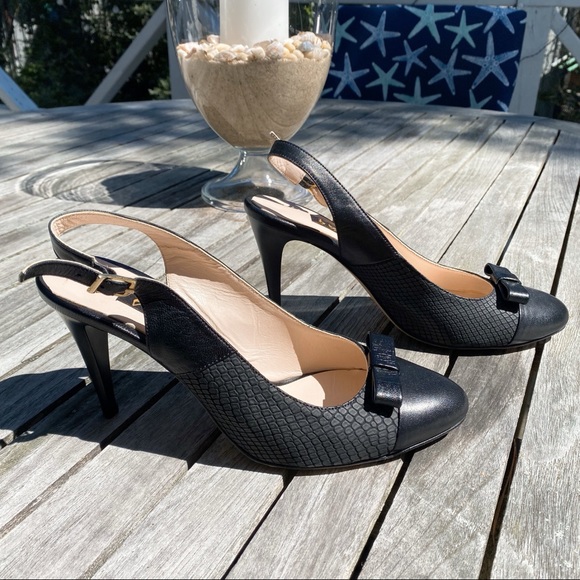 🖤 TANCA BLACK LEATHER BOW DETAIL ROUND TOE OPEN HEEL CLASSIC HEELS! - Picture 1 of 16